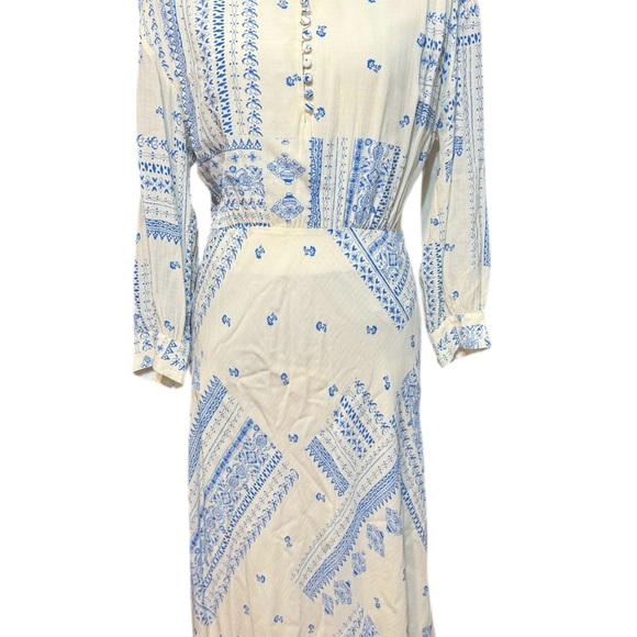 Ba&Sh Ines Printed Midi Dress in Cream and Blue Viscose - Picture 2 of 7